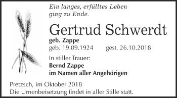Traueranzeige von Gertrud Schwerdt von WVG - Wochenspiegel Wittenberg