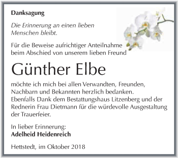 Traueranzeige von Günther Elbe von Super Sonntag SGH Mansf. Land