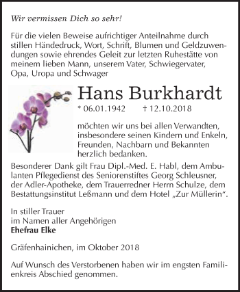 Traueranzeige von Hans Burkhardt von WVG - Wochenspiegel Wittenberg
