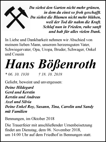 Traueranzeige von Hans Bößenroth von Super Sonntag SGH Mansf. Land