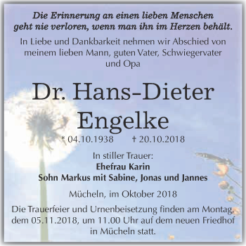 Traueranzeige von Hans-Dieter Engelke von WVG - Wochenspiegel Merseburg