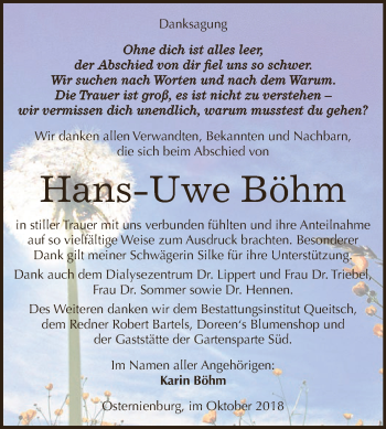 Traueranzeige von Hans-Uwe Böhm von WVG - Wochenspiegel Dessau / Köthen