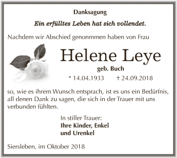 Traueranzeige von Helene Leye von Wochenspiegel Mansfelder Land