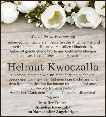 Traueranzeige von Helmut Kwoczalla von WVG - Wochenspiegel Dessau / Köthen