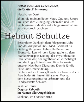 Traueranzeige von Helmut Schultze von WVG - Wochenspiegel Wittenberg