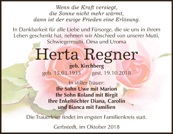 Traueranzeige von Herta Regner von Wochenspiegel Mansfelder Land
