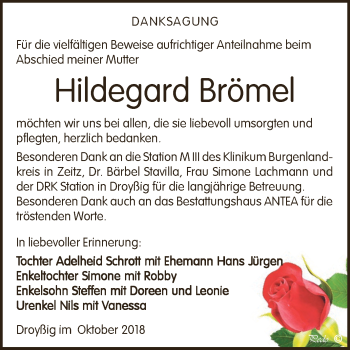 Traueranzeige von Hildegard Brömel von Super Sonntag Zeitz