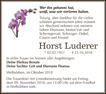 Traueranzeige von Horst Luderer von Wochenspiegel Mansfelder Land
