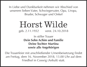 Traueranzeige von Horst Wilde von Super Sonntag Wittenberg