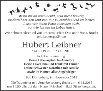 Traueranzeige von Hubert Leibner von Super Sonntag Merseburg
