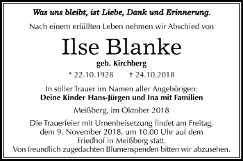 Traueranzeige von Ilse Blanke von Super Sonntag SGH Mansf. Land