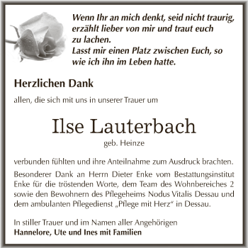Traueranzeige von Ilse Lauterbach von WVG - Wochenspiegel Dessau / Köthen