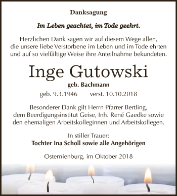 Traueranzeige von Inge Gutowski von WVG - Wochenspiegel Dessau / Köthen