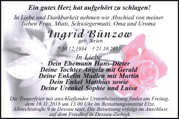 Traueranzeige von Ingrid Bünzow von WVG - Wochenspiegel Dessau / Köthen