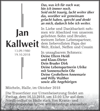 Traueranzeige von Jan Kallweit von WVG - Wochenspiegel Merseburg