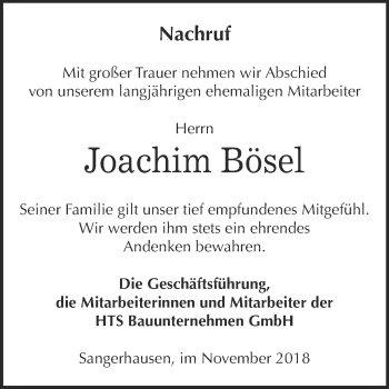 Traueranzeige von Joachim Bösel von Super Sonntag SGH Mansf. Land
