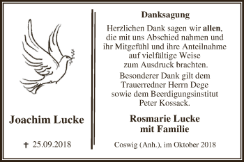 Traueranzeige von Joachim Lucke von WVG - Wochenspiegel Dessau / Köthen