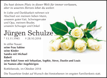 Traueranzeige von Jürgen Schulze von Super Sonntag SGH Mansf. Land