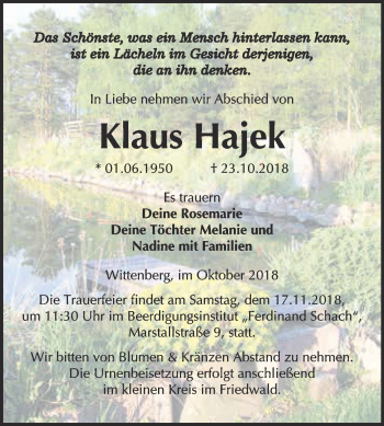 Traueranzeige von Klaus Hajek von WVG - Wochenspiegel Wittenberg
