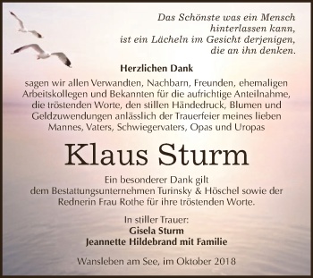 Traueranzeige von Klaus Sturm von Wochenspiegel Mansfelder Land