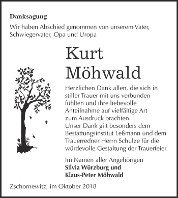Traueranzeige von Kurt Möhwald von WVG - Wochenspiegel Wittenberg