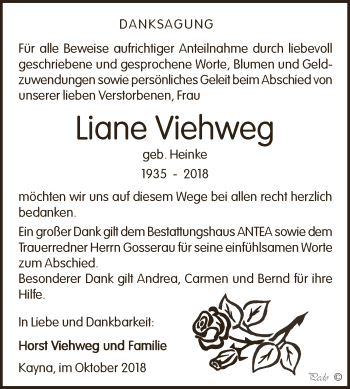 Traueranzeige von Liane Viehweg von Super Sonntag Zeitz