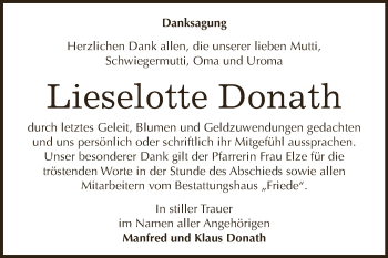 Traueranzeige von Lieselotte Donath von WVG - Wochenspiegel Dessau / Köthen
