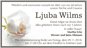 Traueranzeige von Ljuba Wilms von Wochenspiegel Mansfelder Land