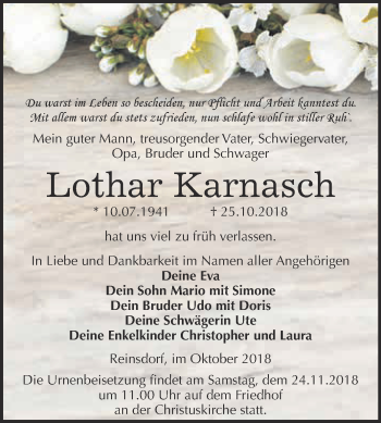 Traueranzeige von Lothar Karnasch von WVG - Wochenspiegel Wittenberg