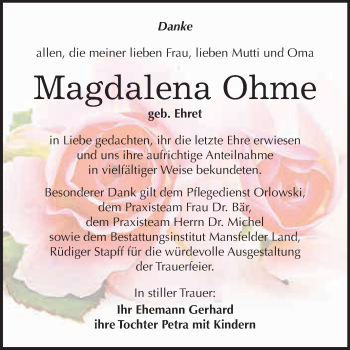 Traueranzeige von Magdalena Ohme von Super Sonntag SGH Mansf. Land