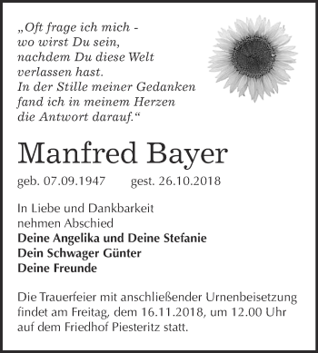Traueranzeige von Manfred Bayer von Super Sonntag Wittenberg