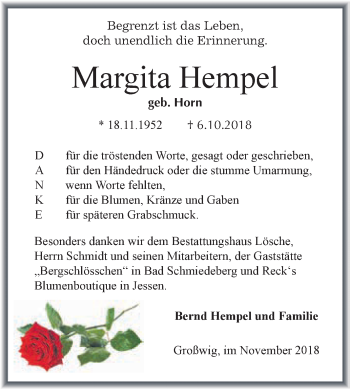 Traueranzeige von Margita Hempel von WVG - Wochenspiegel Wittenberg