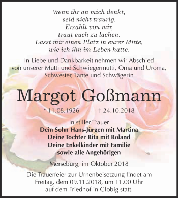Traueranzeige von Margot Goßmann von WVG - Wochenspiegel Merseburg
