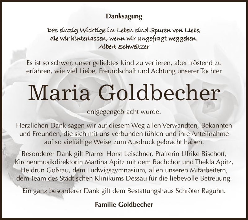  Traueranzeige für Maria Goldbecher vom 03.11.2018 aus WVG - Wochenspiegel Dessau / Köthen