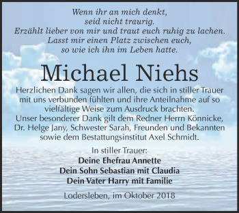 Traueranzeige von Michael Niehs von WVG - Wochenspiegel Merseburg
