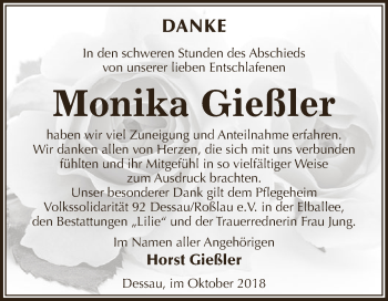 Traueranzeige von Monika Gießler von WVG - Wochenspiegel Dessau / Köthen