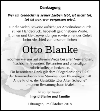 Traueranzeige von Otto Blanke von Super Sonntag SGH Mansf. Land