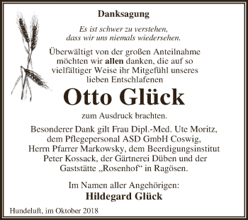 Traueranzeige von Otto Glück von WVG - Wochenspiegel Dessau / Köthen