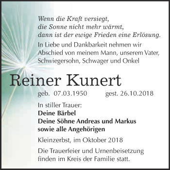 Traueranzeige von Reiner Kunert von WVG - Wochenspiegel Wittenberg