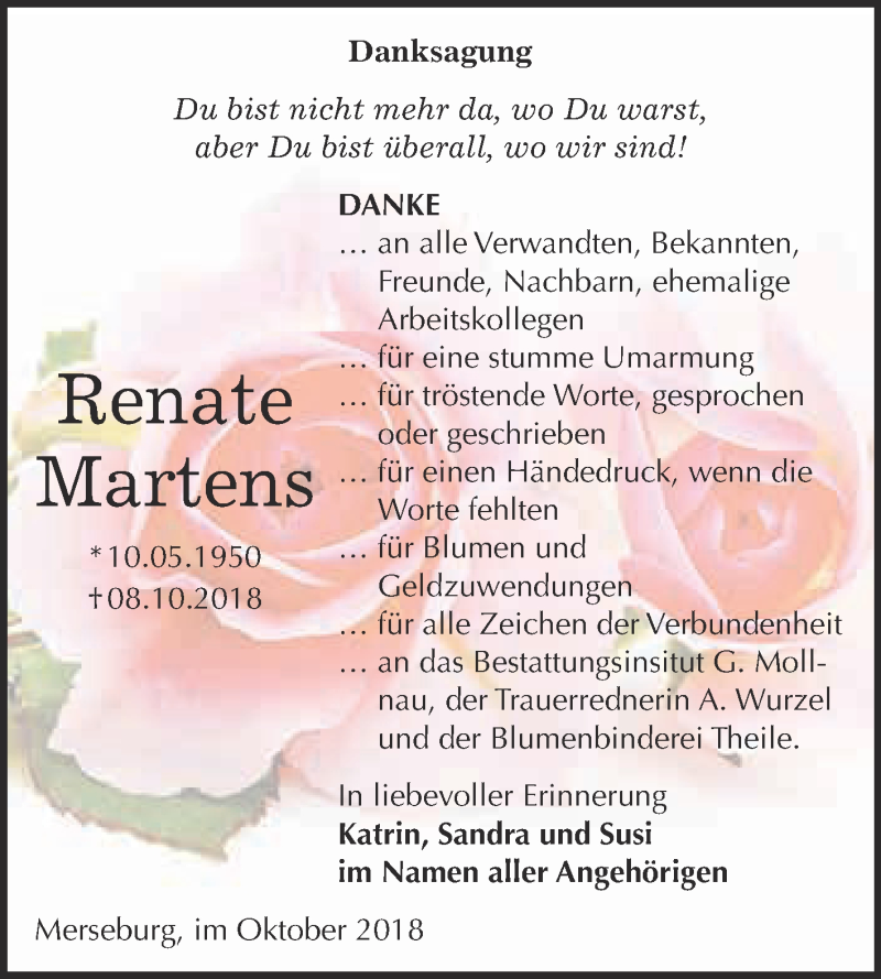  Traueranzeige für Renate Martens vom 03.11.2018 aus WVG - Wochenspiegel Merseburg