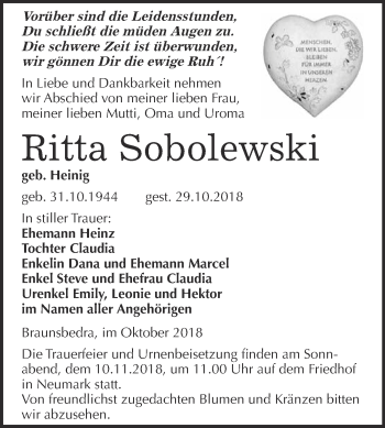 Traueranzeige von Ritta Sobolewski von WVG - Wochenspiegel Merseburg