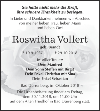 Traueranzeige von Roswitha Vollert von Super Sonntag Merseburg