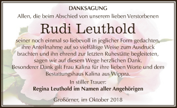 Traueranzeige von Rudi Leuthold von Super Sonntag SGH Mansf. Land