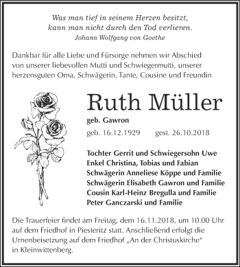 Traueranzeige von Ruth Müller von WVG - Wochenspiegel Wittenberg