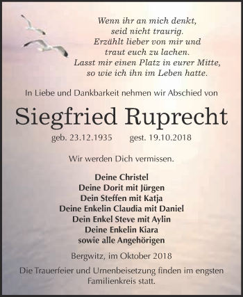 Traueranzeige von Siegfried Ruprecht von WVG - Wochenspiegel Wittenberg