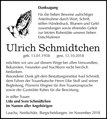 Traueranzeige von Ulrich Schmidtchen von Mitteldeutsche Zeitung