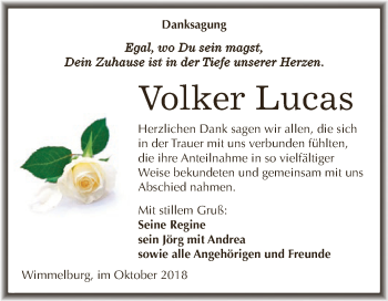 Traueranzeige von Volker Lucas von Wochenspiegel Mansfelder Land
