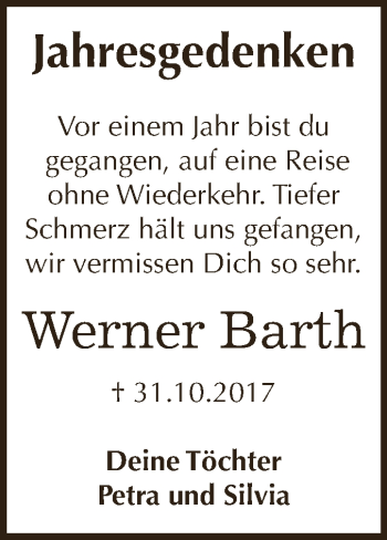 Traueranzeige von Werner Barth von WVG - Wochenspiegel Dessau / Köthen