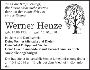 Traueranzeige von Werner Henze von Super Sonntag Wittenberg