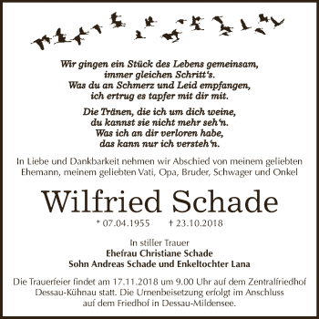 Traueranzeige von Wilfried Schade von WVG - Wochenspiegel Dessau / Köthen